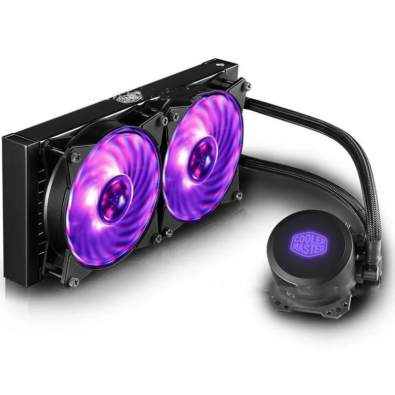 Bingshen 240RGB CPU water cooler with dual chamber pump, aluminium radiator, two fans, and purple RGB lighting