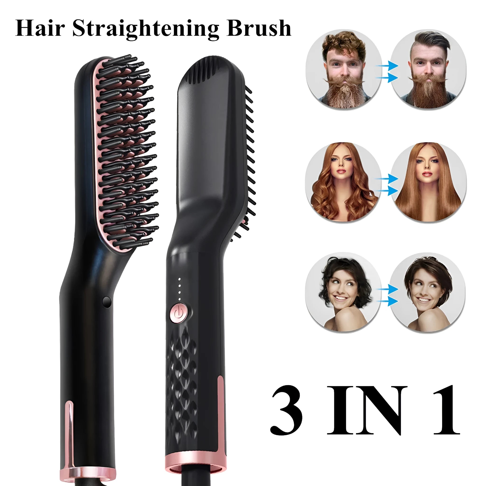 Hair styling comb with roll and straight dual-use function, tourmaline ceramic heater, and 10 temperature settings, in black