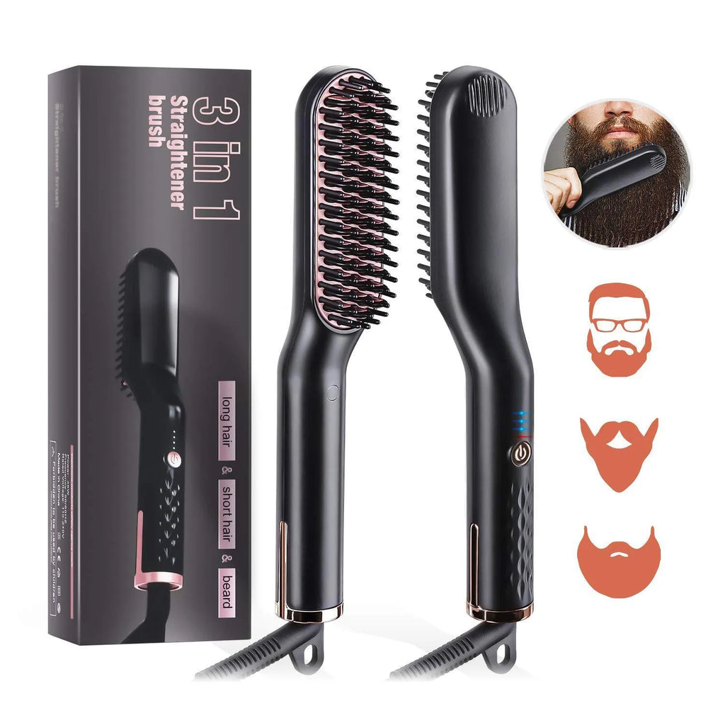 Hair styling comb with roll and straight dual-use function, tourmaline ceramic heater, and 10 temperature settings, in black