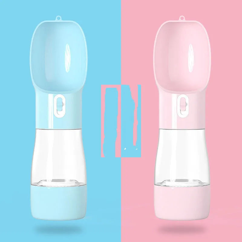 Portable PET plastic dog water bottle with foldable drinking cup in blue, grey, green, or pink