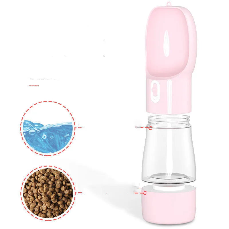 Portable PET plastic dog water bottle with foldable drinking cup in blue, grey, green, or pink