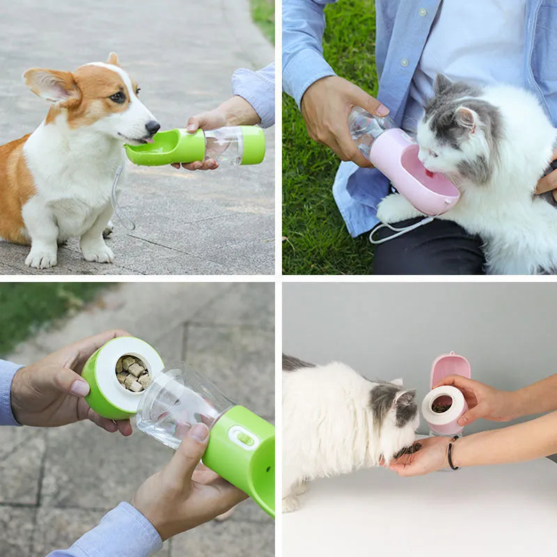 Portable PET plastic dog water bottle with foldable drinking cup in blue, grey, green, or pink
