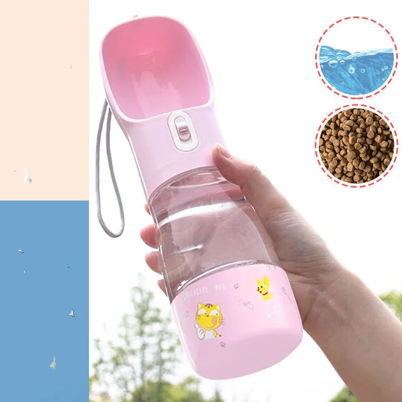 Portable PET plastic dog water bottle with foldable drinking cup in blue, grey, green, or pink
