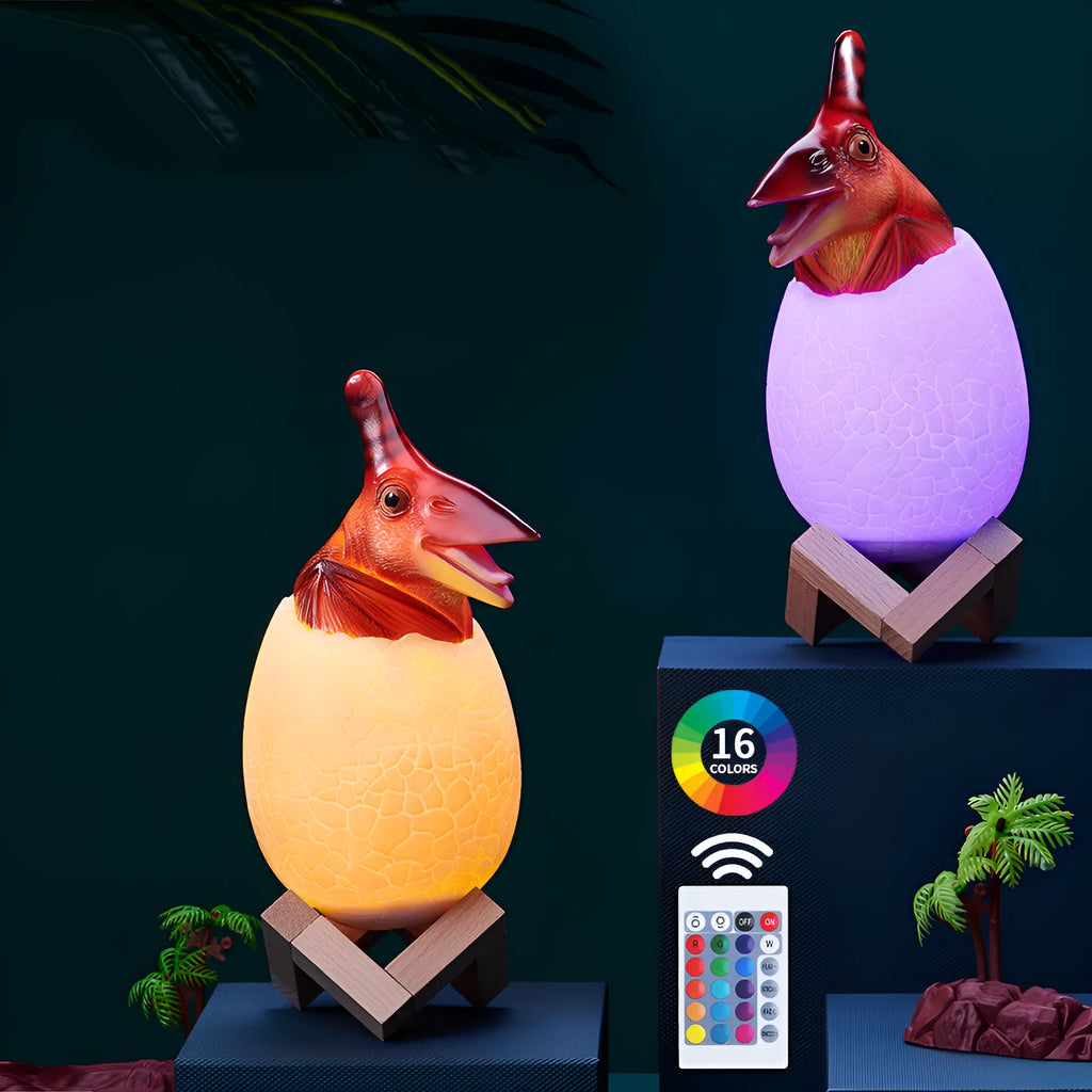 Cool white 3D dinosaur egg night light with touch sensor and remote control on a wooden stand.