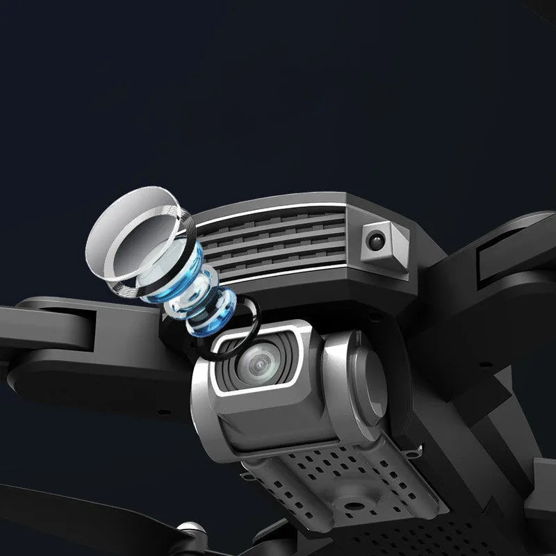 Children's black folding 4K quadrocopter drone with remote control showing camera and folding arms