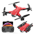 Children's black folding 4K quadrocopter drone with remote control showing camera and folding arms