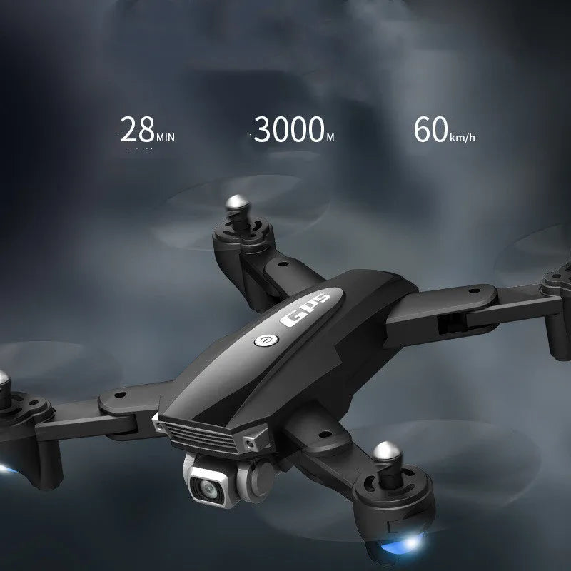 Children's black folding 4K quadrocopter drone with remote control showing camera and folding arms