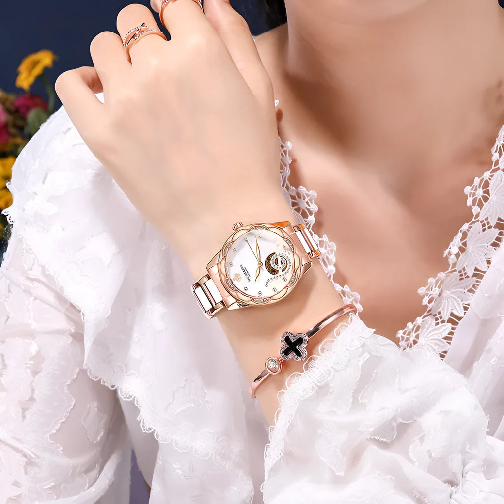 Women's mechanical watch with green dial, stainless steel strap, 36mm round case, and luminous pointer