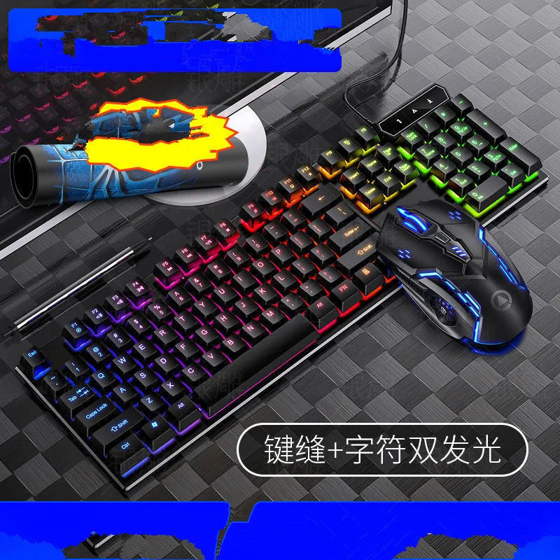 Black and white wired gaming keyboard and mouse set for computers on a desktop.
