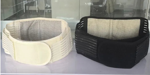 Beige self-heating magnetic waist protection fixed belt made of elastic cloth, shown laid flat.