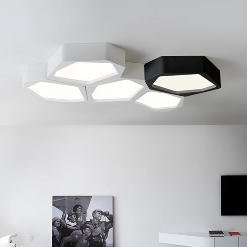 Geometric shaped iron LED light fixture in black or white for living room and bedroom.