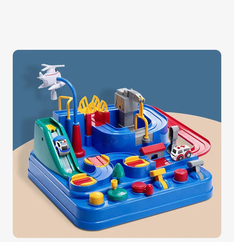Large plastic car parking lot toy with crane, conveyor belt, and included toy vehicles for toddlers