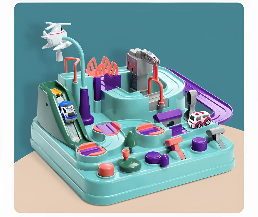 Large plastic car parking lot toy with crane, conveyor belt, and included toy vehicles for toddlers