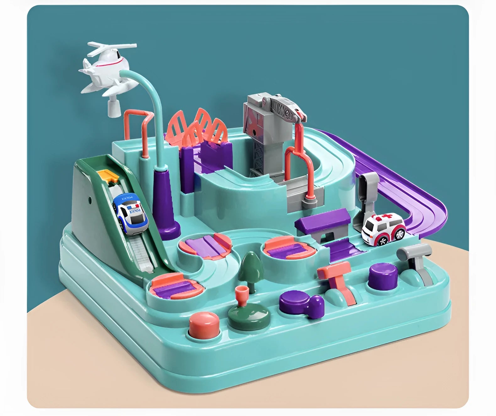 Large plastic car parking lot toy with crane, conveyor belt, and included toy vehicles for toddlers