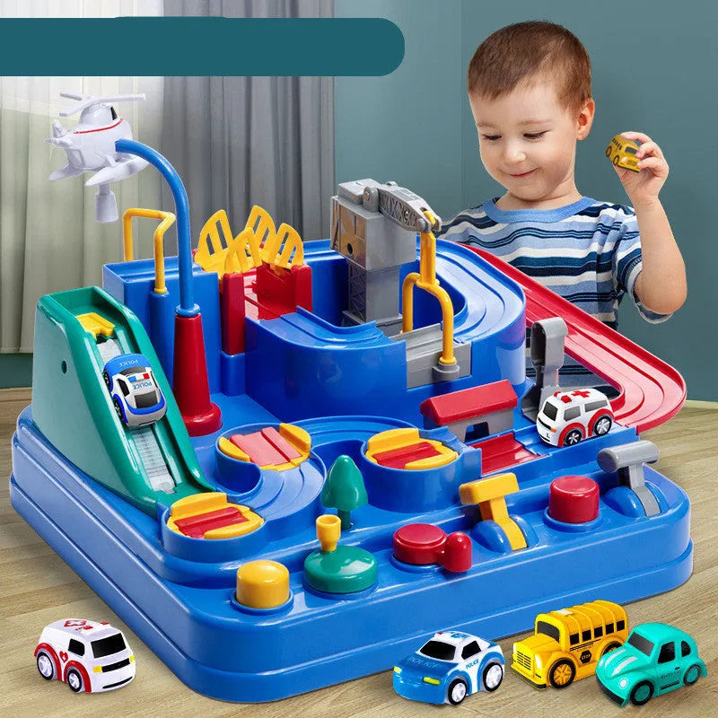 Large plastic car parking lot toy with crane, conveyor belt, and included toy vehicles for toddlers