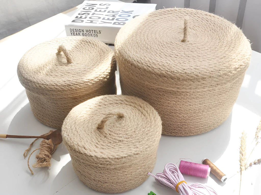Japanese linen fabric storage basket with cover in three sizes for bedroom organisation