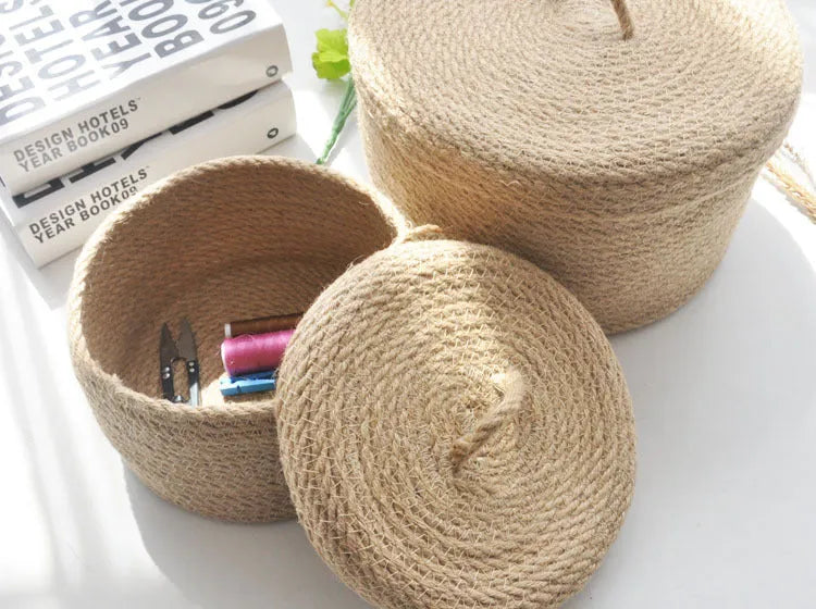 Japanese linen fabric storage basket with cover in three sizes for bedroom organisation