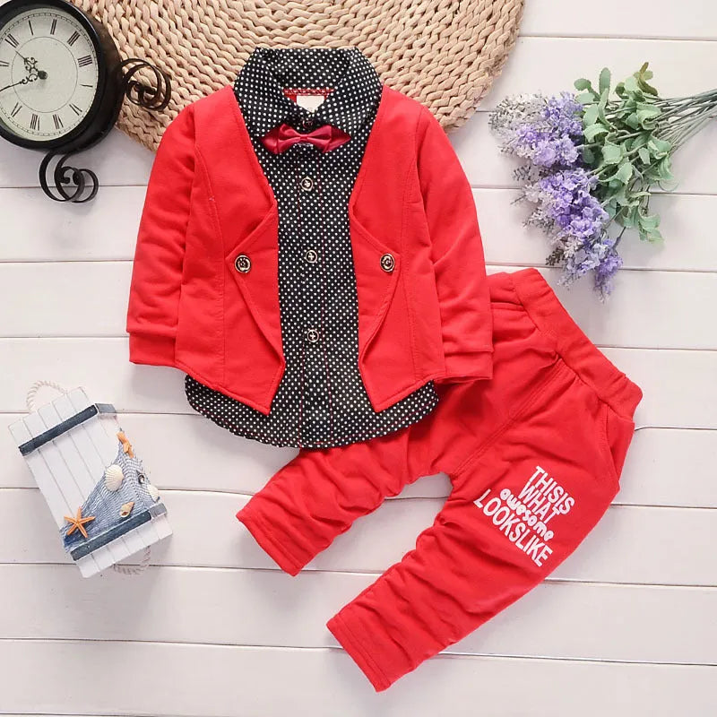 Toddler boys casual two-piece suit set with printed design in grey, navy blue or red colours