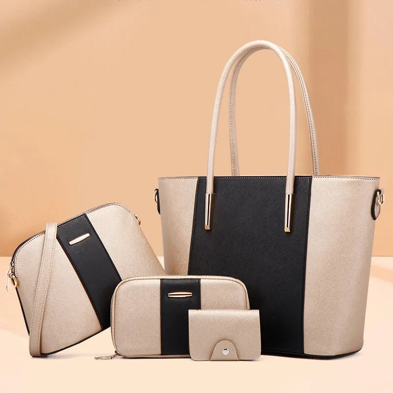 Fashion women's PU mother and child cross-body bag set in black and gold with two zip-closure bags