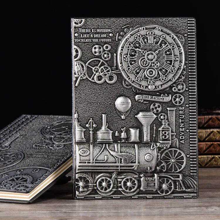 Retro embossed leather notepad in green bronze showing 3D European relief pattern on cover, lying open on a desk.