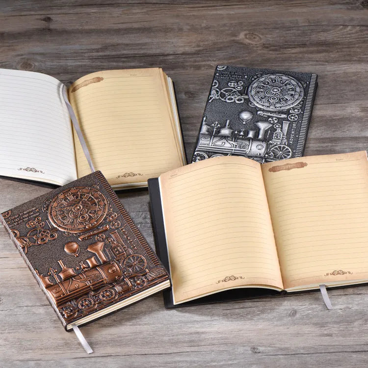 Retro embossed leather notepad in green bronze showing 3D European relief pattern on cover, lying open on a desk.