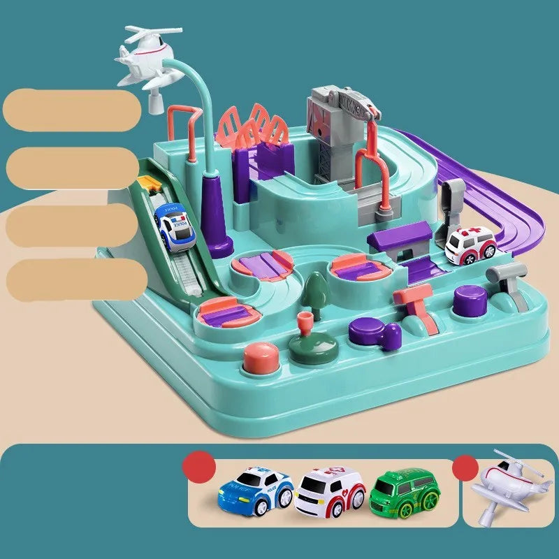 Large plastic car parking lot toy with crane, conveyor belt, and included toy vehicles for toddlers