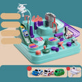 Large plastic car parking lot toy with crane, conveyor belt, and included toy vehicles for toddlers