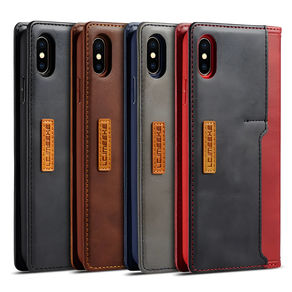 Leather and PU flip wallet case for iPhone showing card slots and closed screen cover in khaki brown.