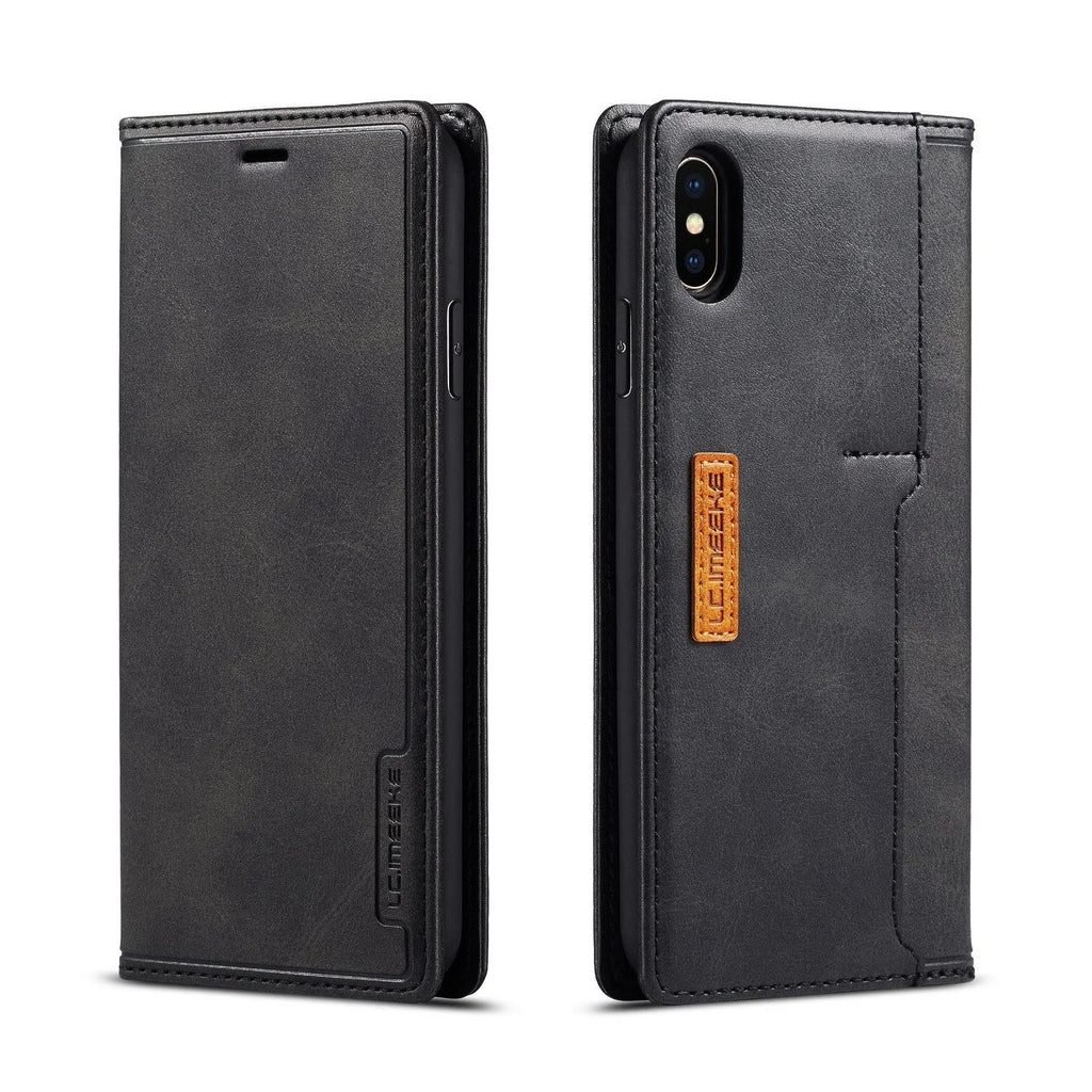Leather and PU flip wallet case for iPhone showing card slots and closed screen cover in khaki brown.