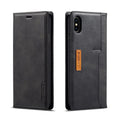 Leather and PU flip wallet case for iPhone showing card slots and closed screen cover in khaki brown.