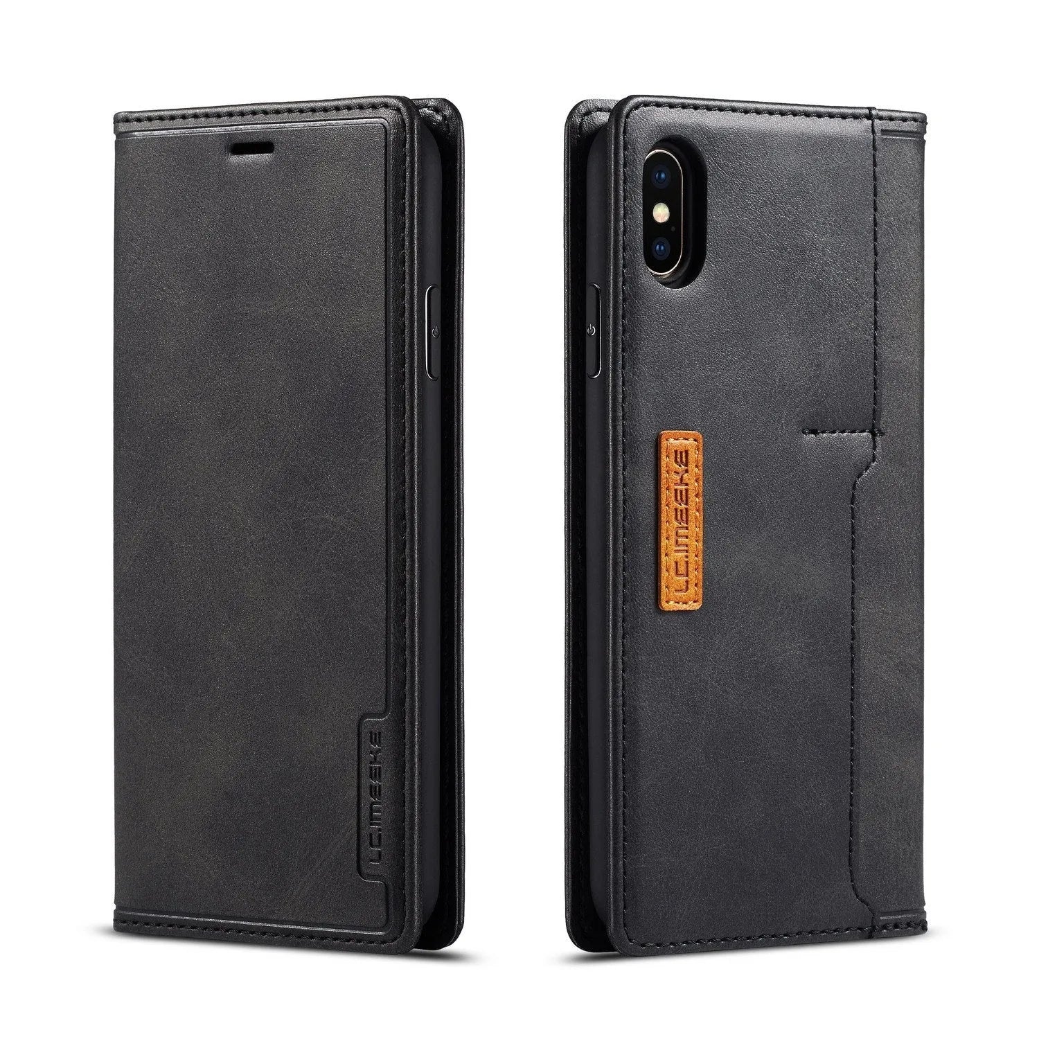 Leather and PU flip wallet case for iPhone showing card slots and closed screen cover in khaki brown.