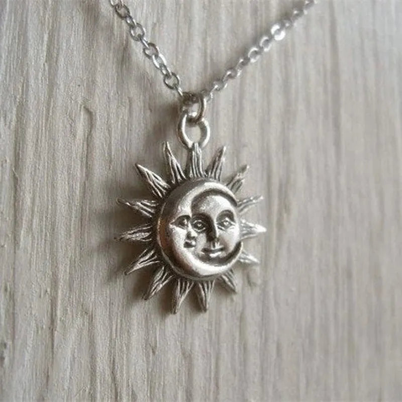 Sun moon pendant necklace for women, geometric alloy choker in gold finish, adjustable 21-50cm circumference