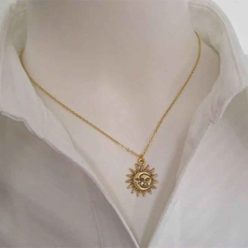 Sun moon pendant necklace for women, geometric alloy choker in gold finish, adjustable 21-50cm circumference