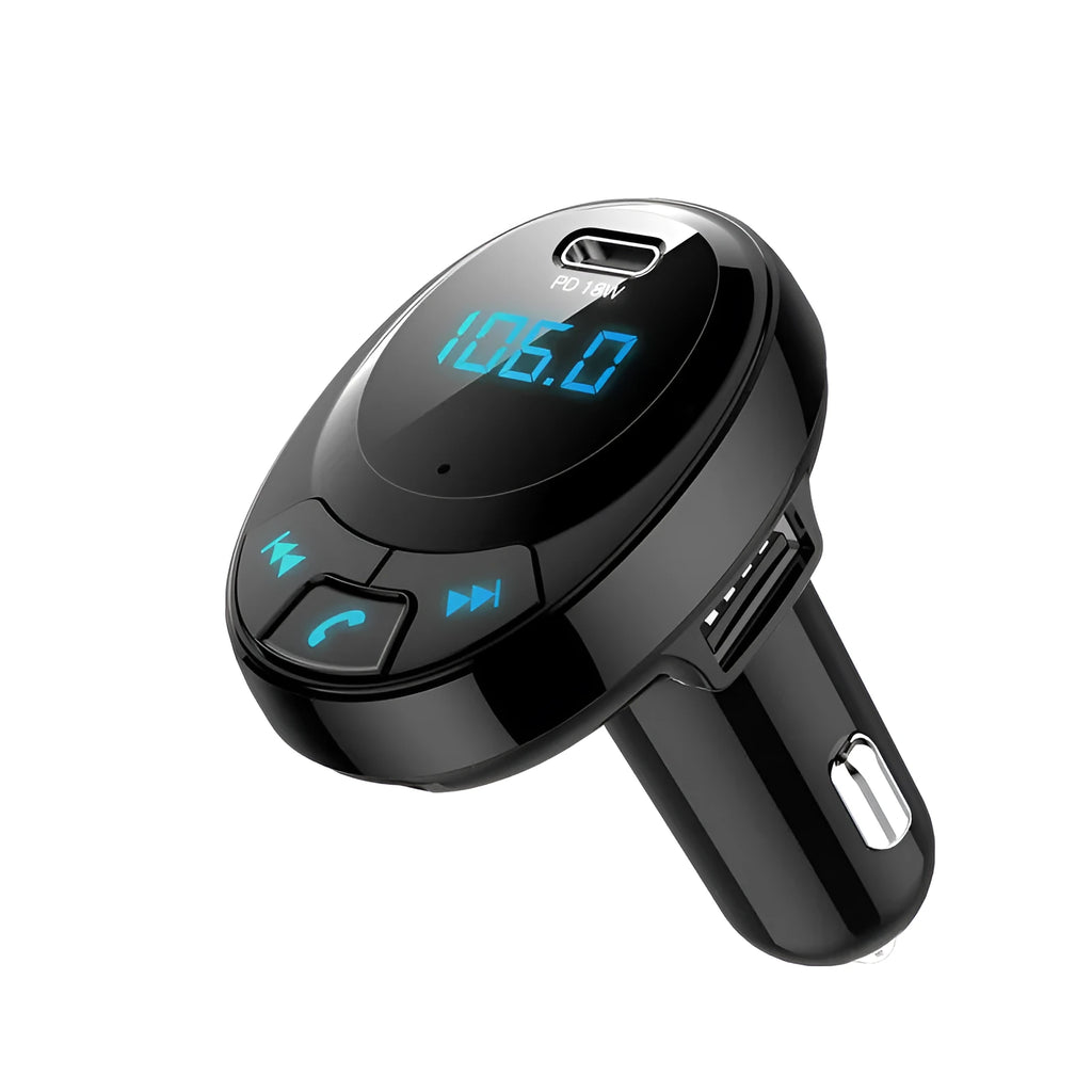 Black car MP3 player with Bluetooth, digital display, and dual USB ports for charging.
