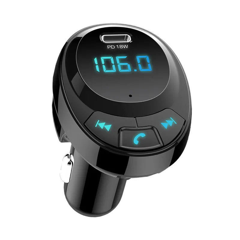 Black car MP3 player with Bluetooth, digital display, and dual USB ports for charging.