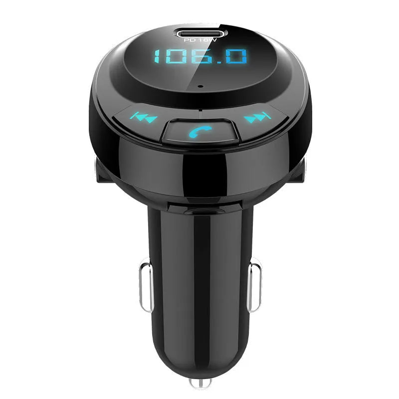 Black car MP3 player with Bluetooth, digital display, and dual USB ports for charging.