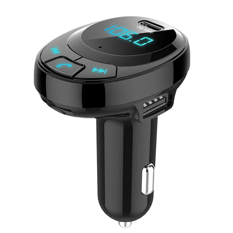 Black car MP3 player with Bluetooth, digital display, and dual USB ports for charging.