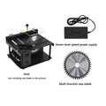 Black miniature precision table saw with sliding table and 110mm circular blade for woodworking.