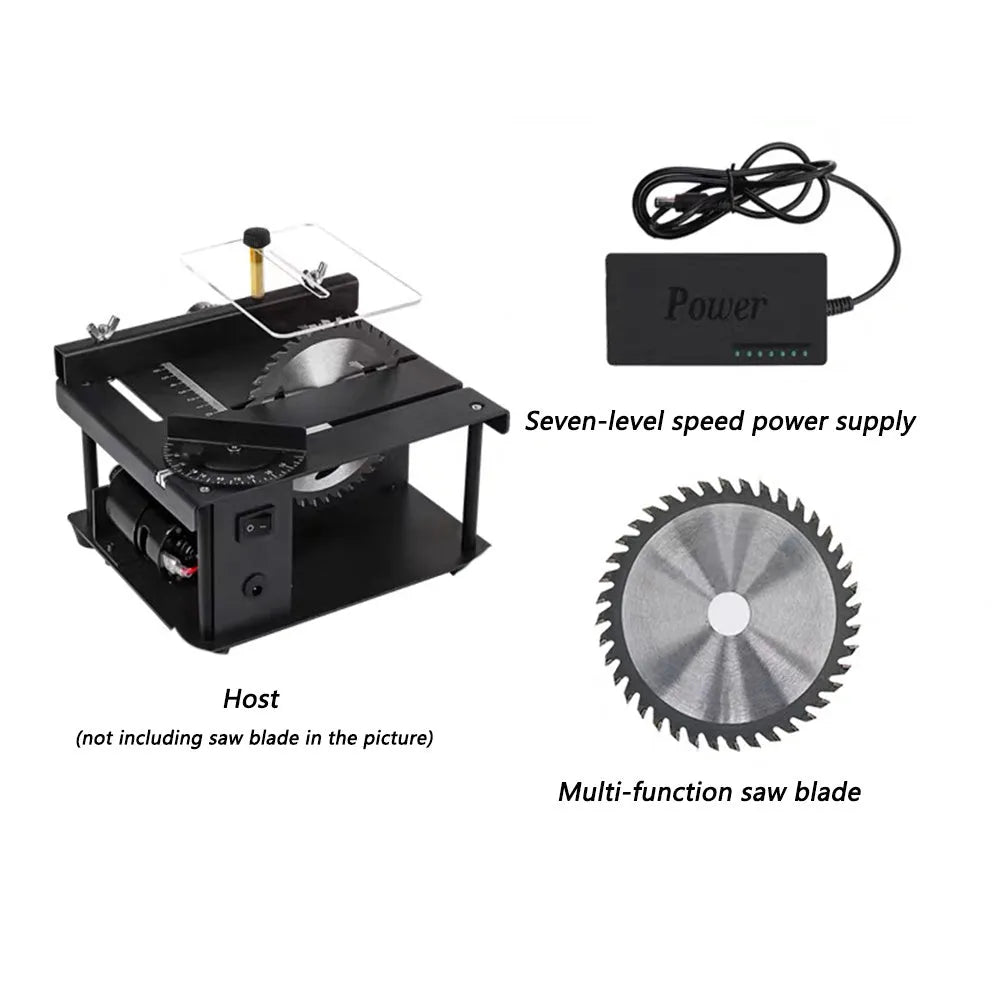 Black miniature precision table saw with sliding table and 110mm circular blade for woodworking.