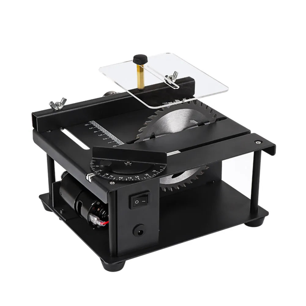 Black miniature precision table saw with sliding table and 110mm circular blade for woodworking.