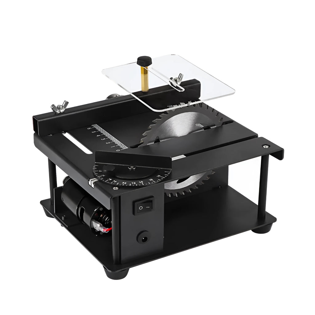 Black miniature precision table saw with sliding table and 110mm circular blade for woodworking.