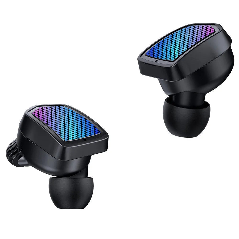 Black true wireless Bluetooth sports earbuds and charging case on a white background.