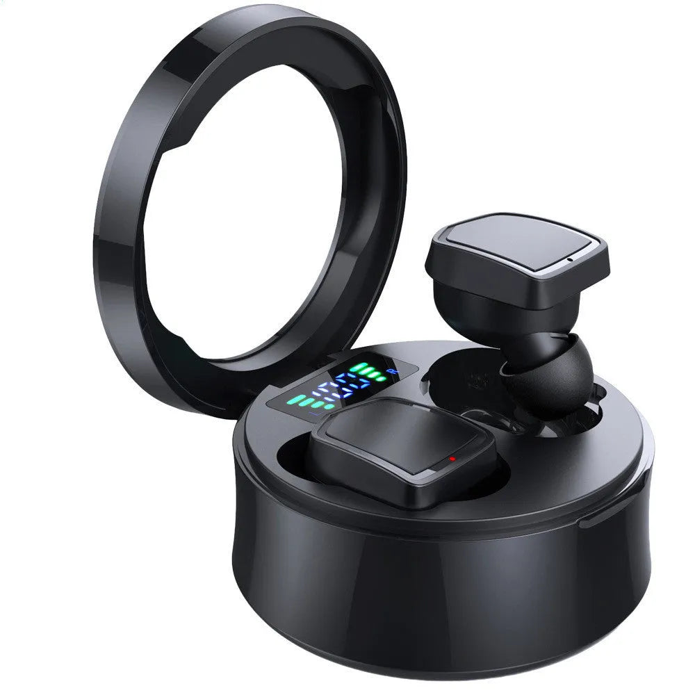 Black true wireless Bluetooth sports earbuds and charging case on a white background.