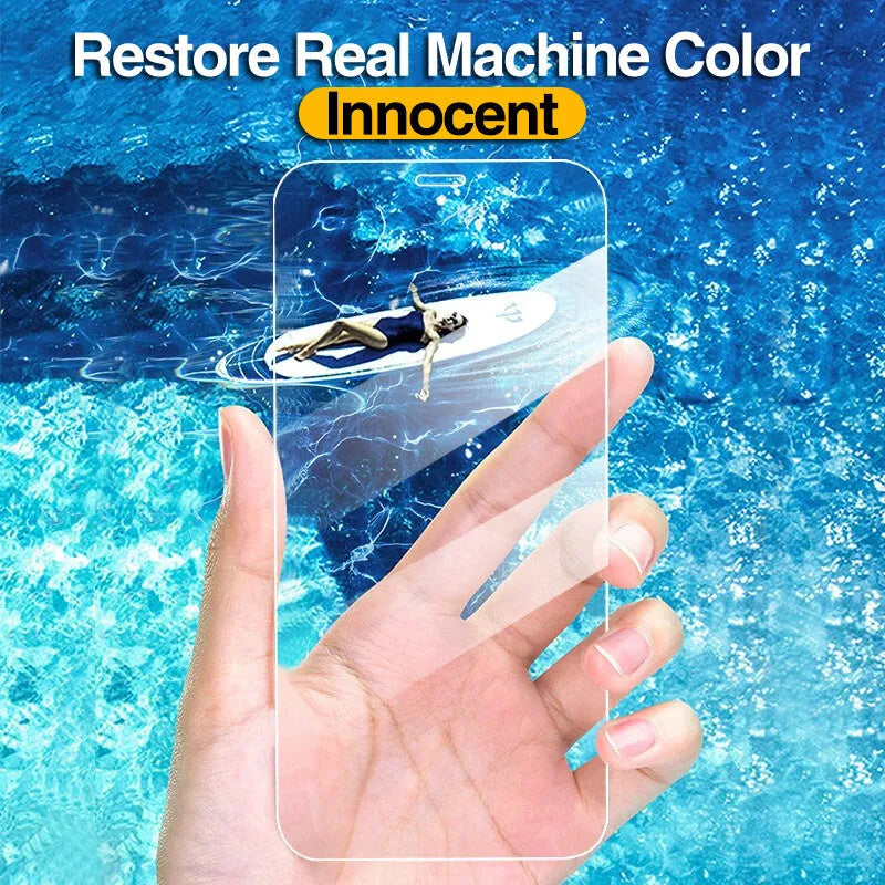 Four full-cover tempered glass screen protectors for iPhone models on a clean white surface.