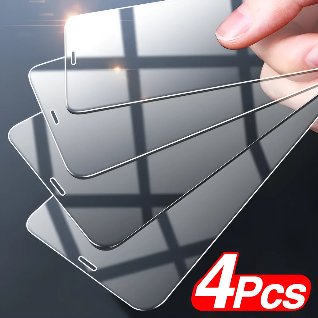 Four full-cover tempered glass screen protectors for iPhone models on a clean white surface.