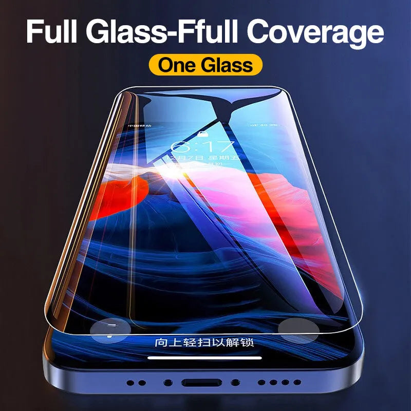 Four full-cover tempered glass screen protectors for iPhone models on a clean white surface.