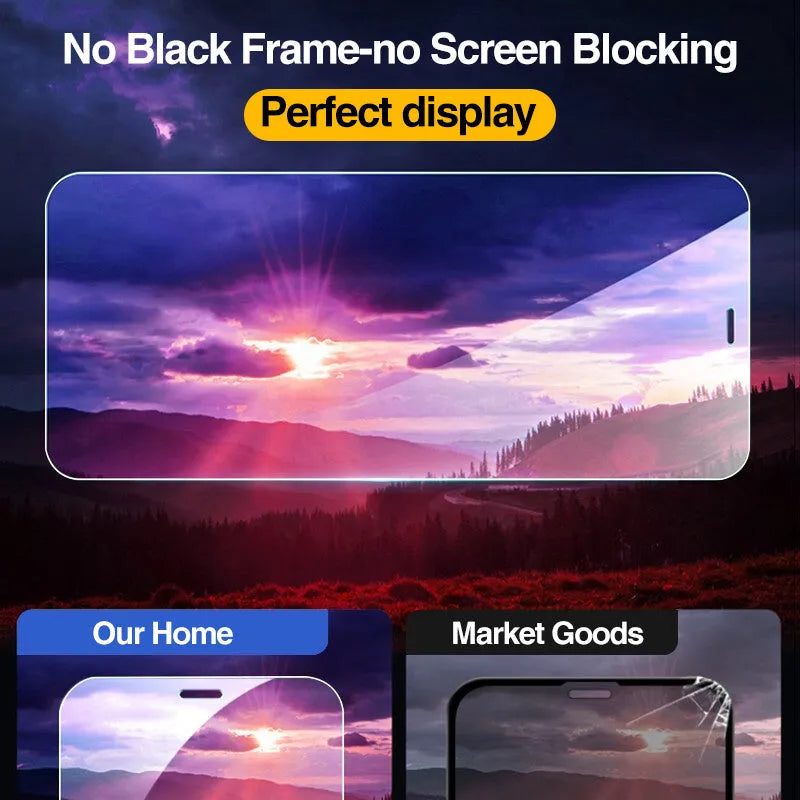 Four full-cover tempered glass screen protectors for iPhone models on a clean white surface.