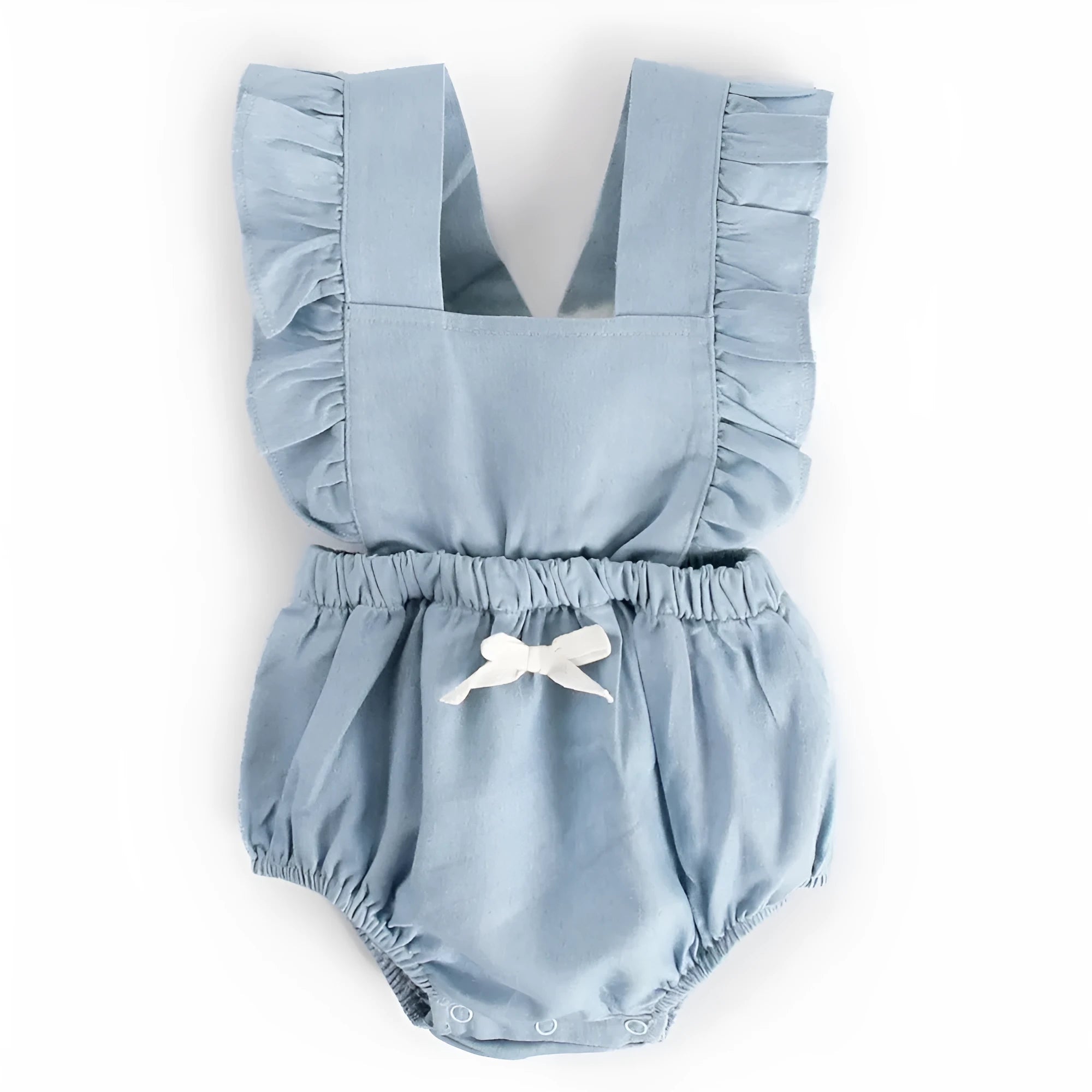 Denim blue sleeveless baby girl romper with lace trim and triangle climb detail, shown on a hanger.