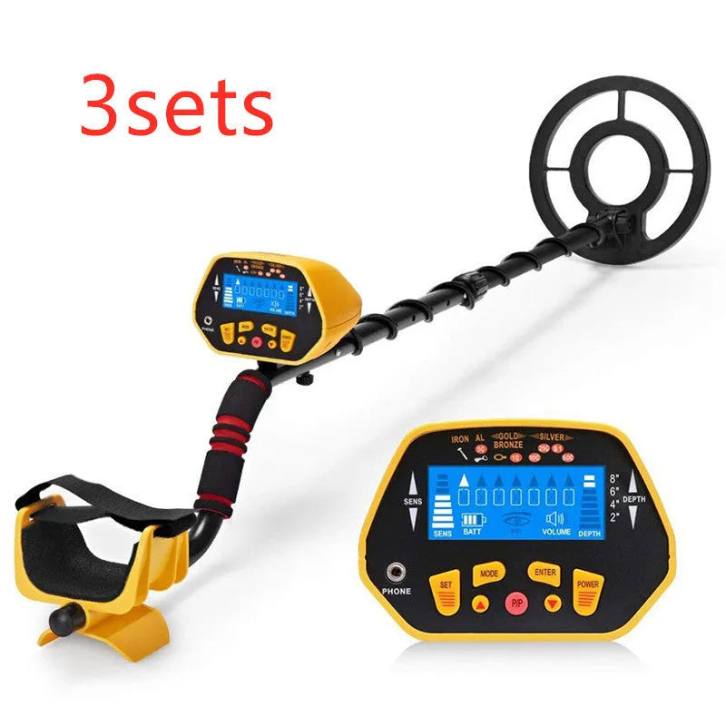 GC1028 black and yellow metal detector with LCD display and adjustable pole, showing waterproof search coil.