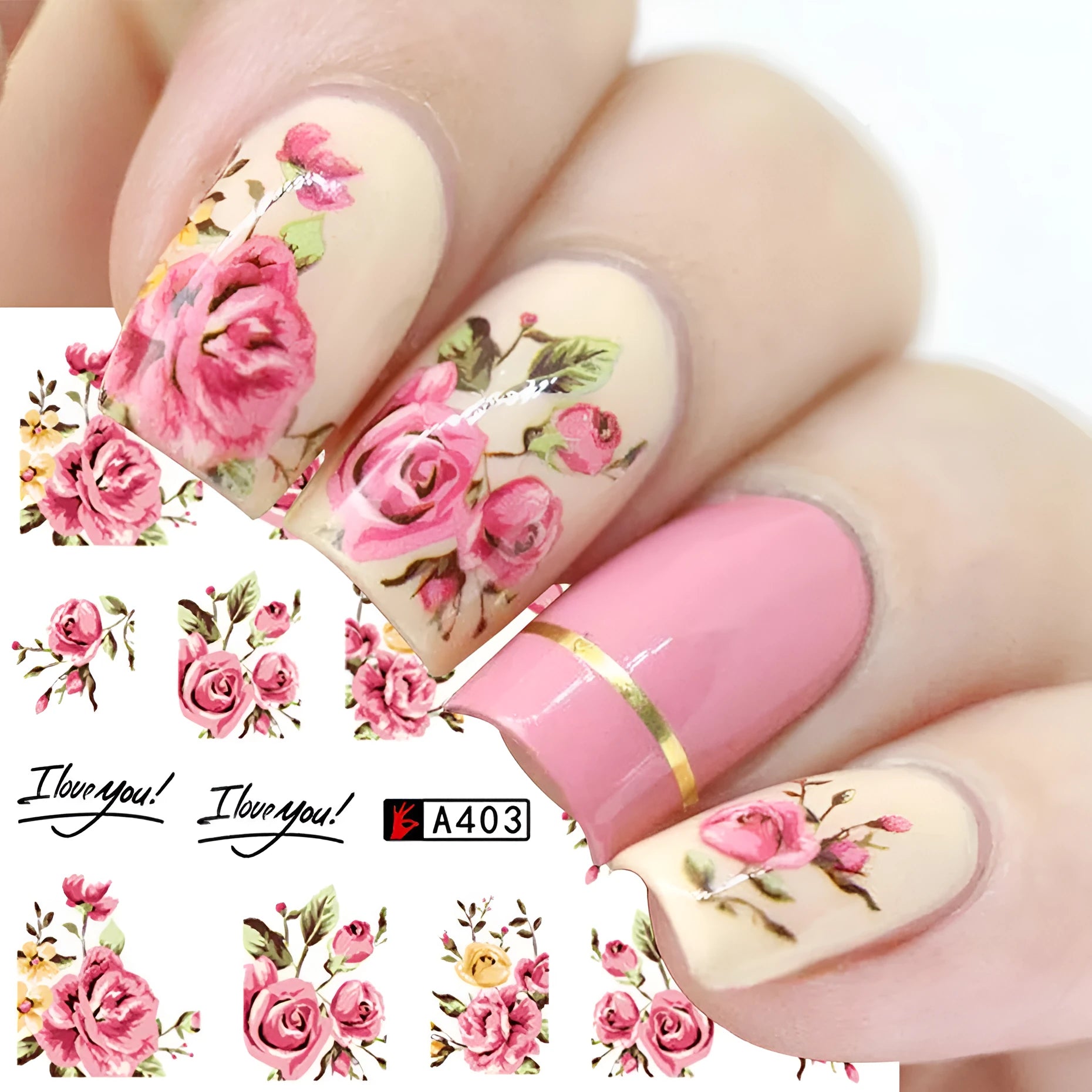 Rose nail sticker with bowknot lace design in red flower colour on two sheets